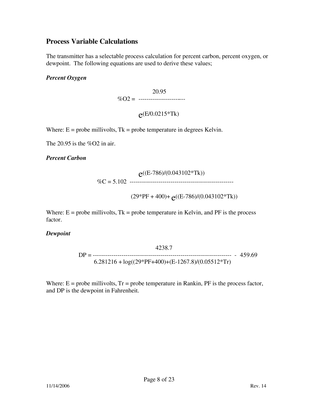 Marathon F200060 manual Process Variable Calculations, Percent Oxygen, Percent Carbon, Dewpoint 