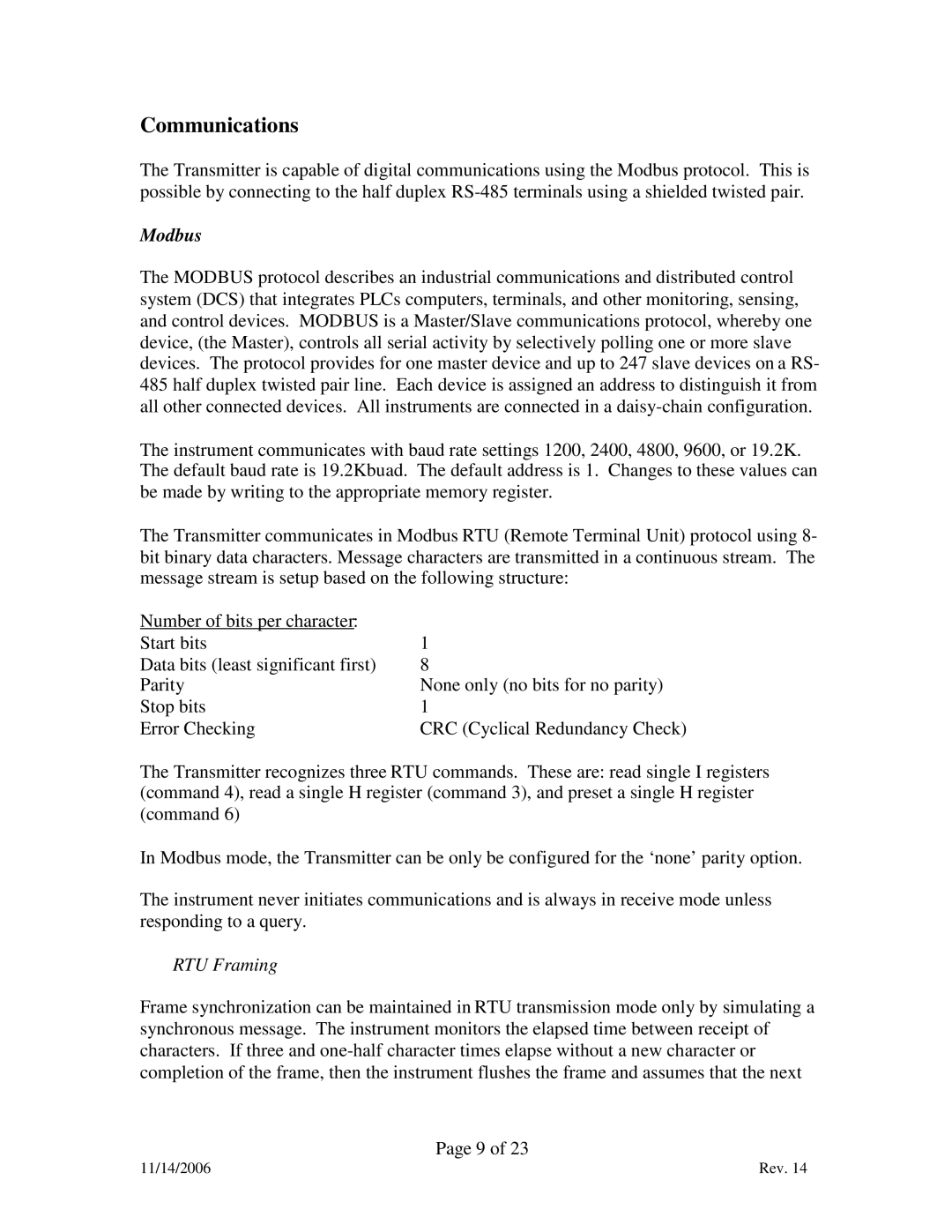 Marathon F200060 manual Communications, Modbus, RTU Framing 