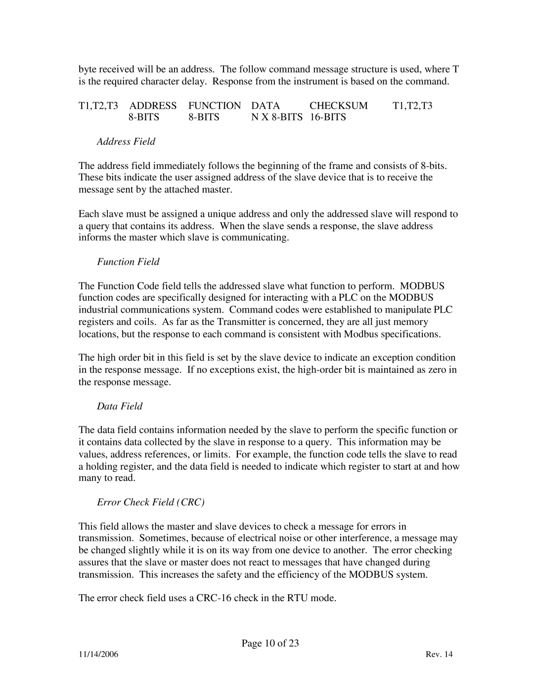 Marathon F200060 manual Address Field, Function Field, Data Field, Error Check Field CRC 