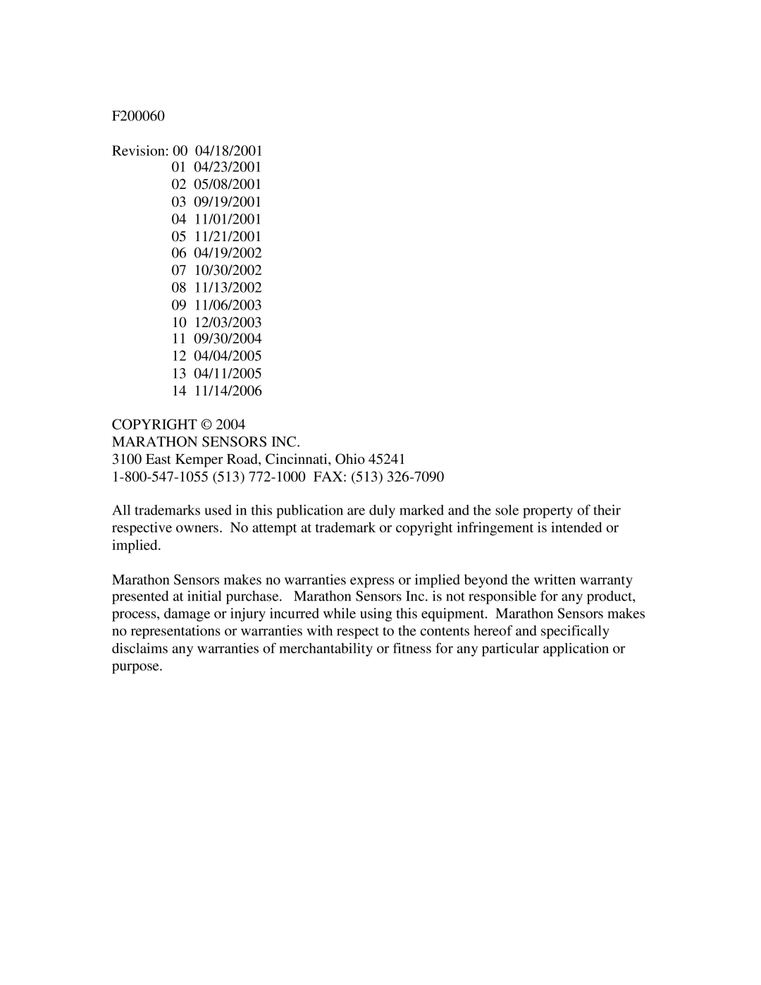 Marathon F200060 manual Copyright Marathon Sensors INC 