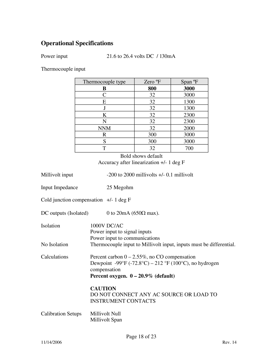 Marathon F200060 manual Operational Specifications, 800 3000, Percent oxygen 20.9% default 