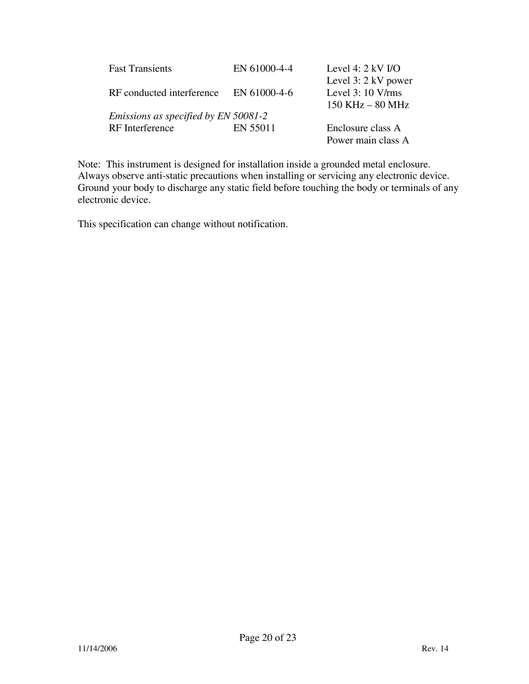 Marathon F200060 manual Emissions as specified by EN 