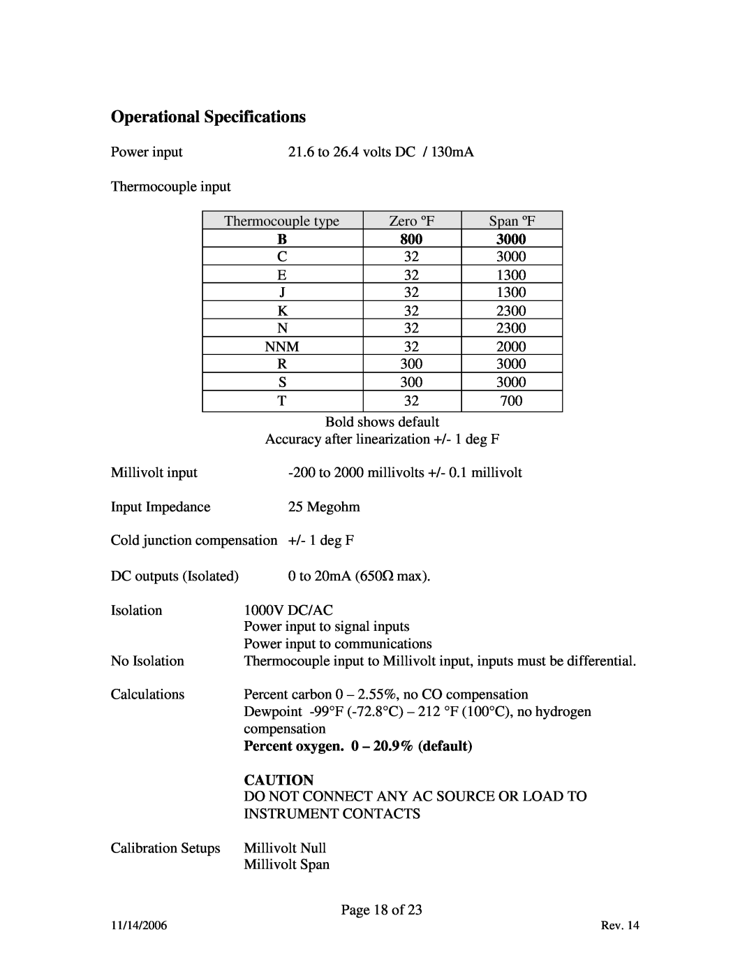 Marathon F200060 manual Operational Specifications, 3000, Percent oxygen. 0 - 20.9% default 