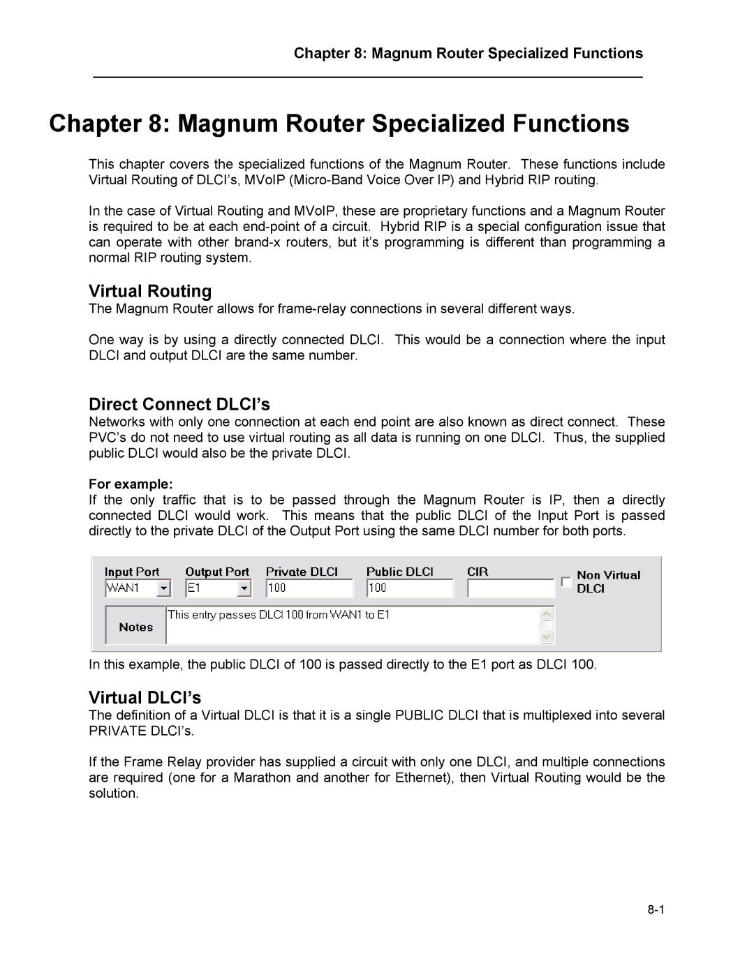 Marathon MAGNUM ROUTER manual Magnum Router Specialized Functions, Virtual Routing, Direct Connect DLCI’s, Virtual DLCI’s 