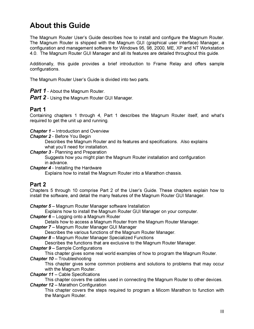 Marathon MAGNUM ROUTER manual About this Guide, Part 