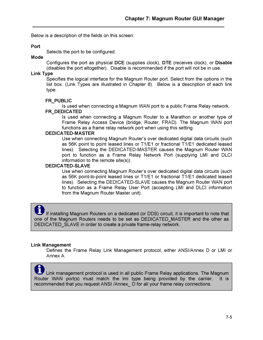 Marathon MAGNUM ROUTER manual Port, Mode, Link Type, Link Management 