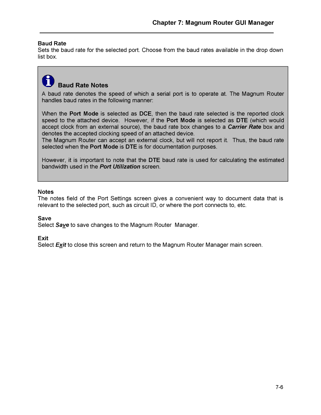 Marathon MAGNUM ROUTER manual Baud Rate Notes, Save, Exit 