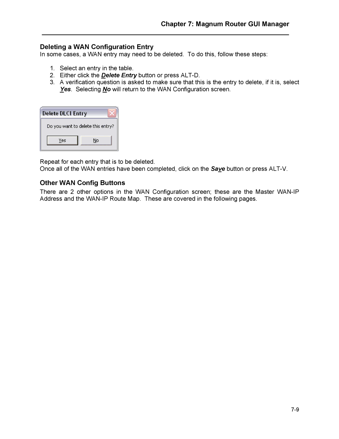 Marathon MAGNUM ROUTER manual Magnum Router GUI Manager Deleting a WAN Configuration Entry, Other WAN Config Buttons 