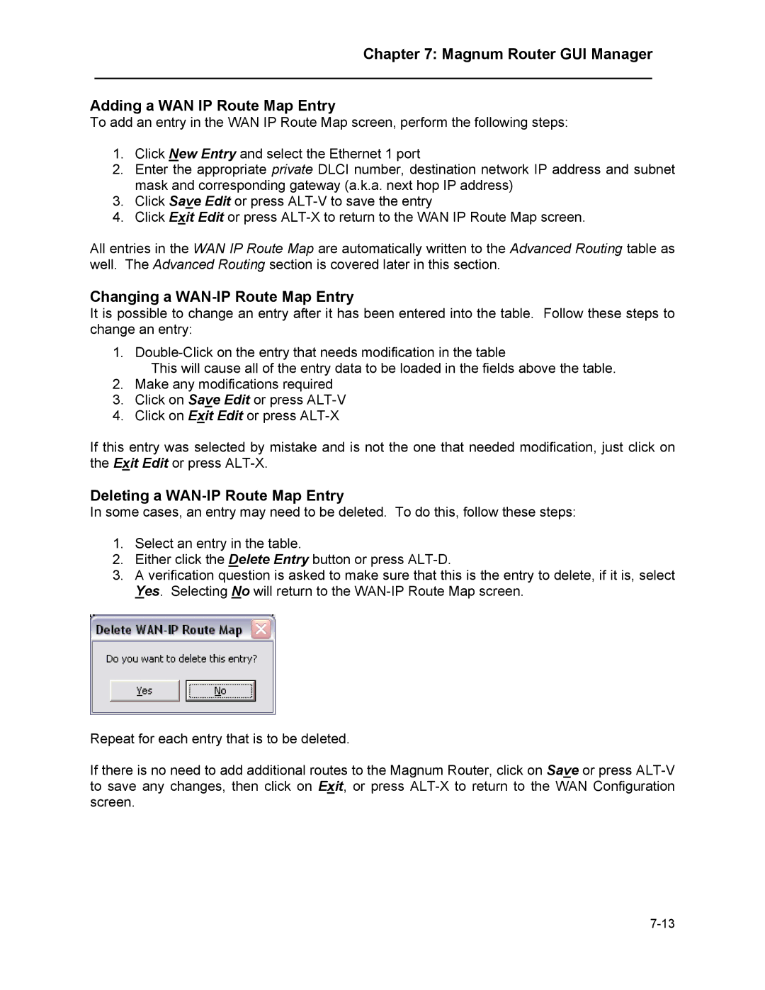 Marathon MAGNUM ROUTER manual Magnum Router GUI Manager Adding a WAN IP Route Map Entry, Changing a WAN-IP Route Map Entry 