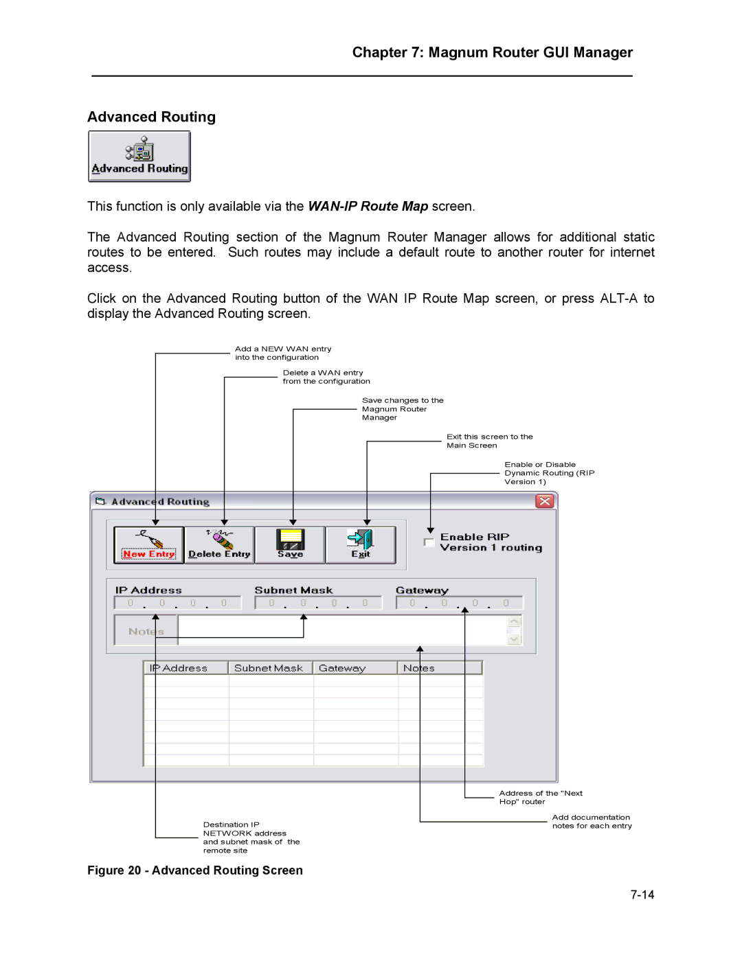 Marathon MAGNUM ROUTER manual Magnum Router GUI Manager Advanced Routing, Advanced Routing Screen 