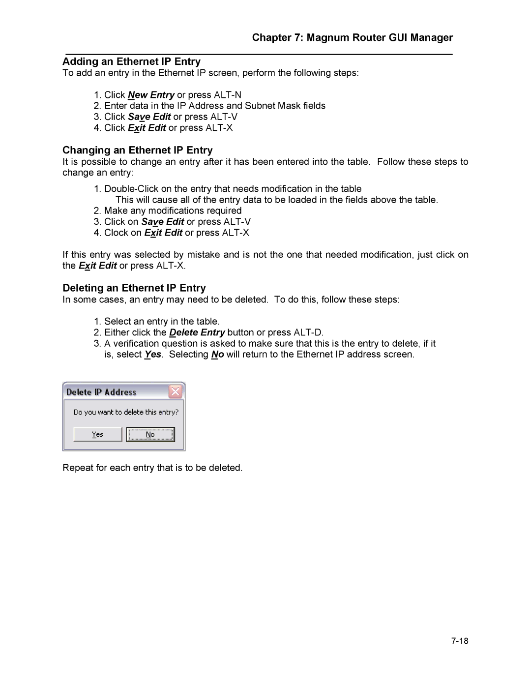 Marathon MAGNUM ROUTER manual Magnum Router GUI Manager Adding an Ethernet IP Entry, Changing an Ethernet IP Entry 