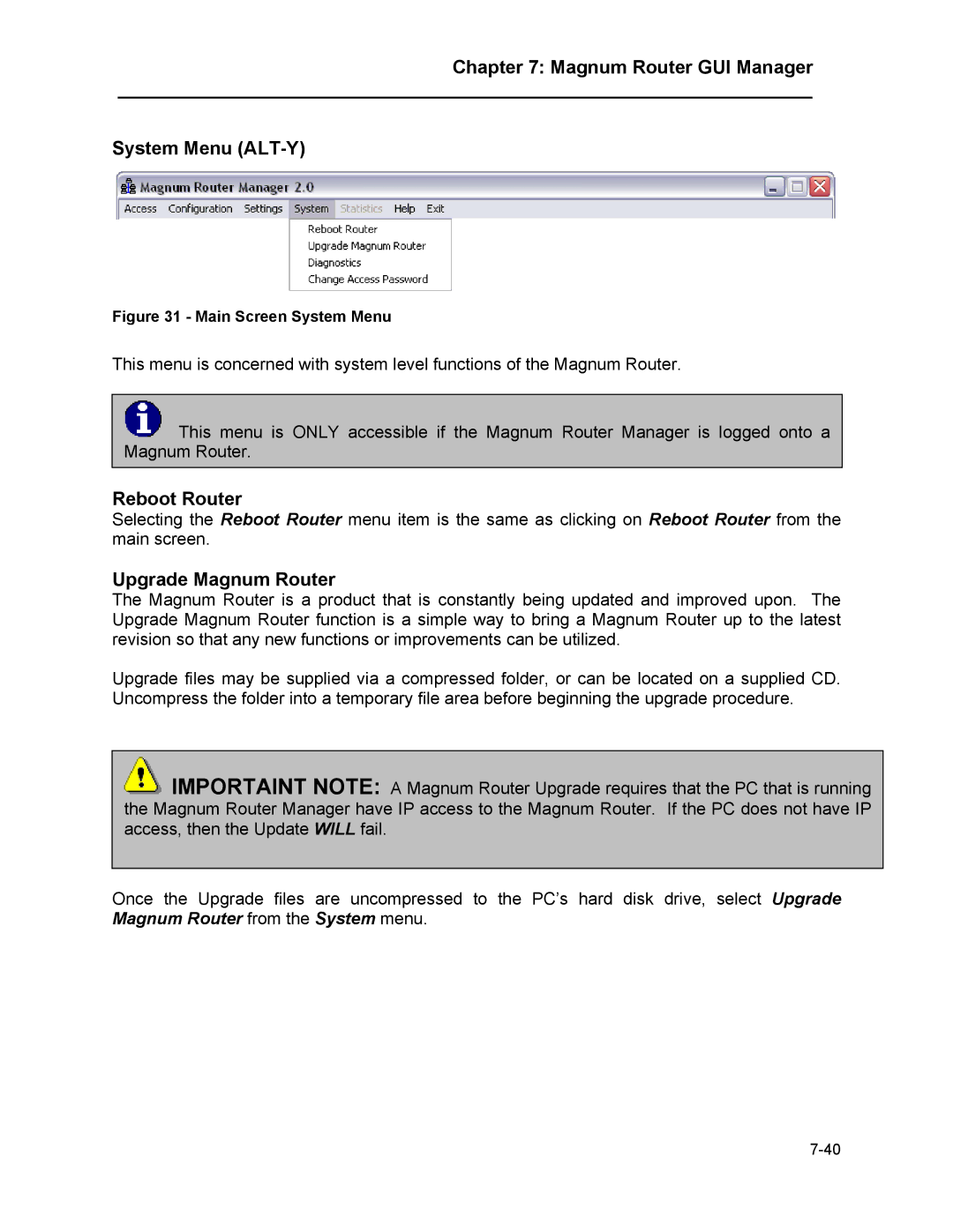 Marathon MAGNUM ROUTER manual Magnum Router GUI Manager System Menu ALT-Y, Reboot Router, Upgrade Magnum Router 