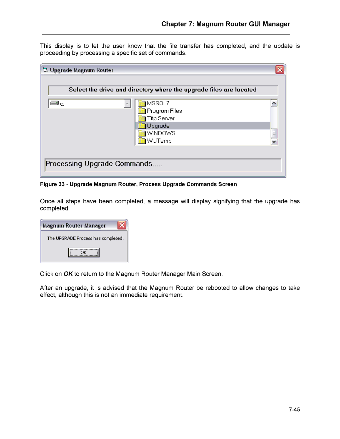 Marathon MAGNUM ROUTER manual Upgrade Magnum Router, Process Upgrade Commands Screen 