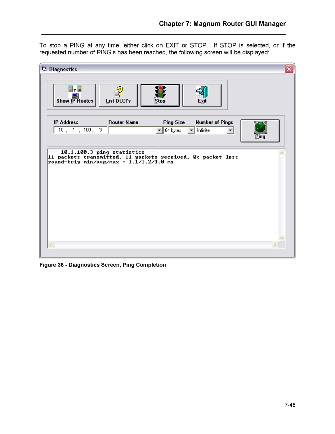 Marathon MAGNUM ROUTER manual Diagnostics Screen, Ping Completion 