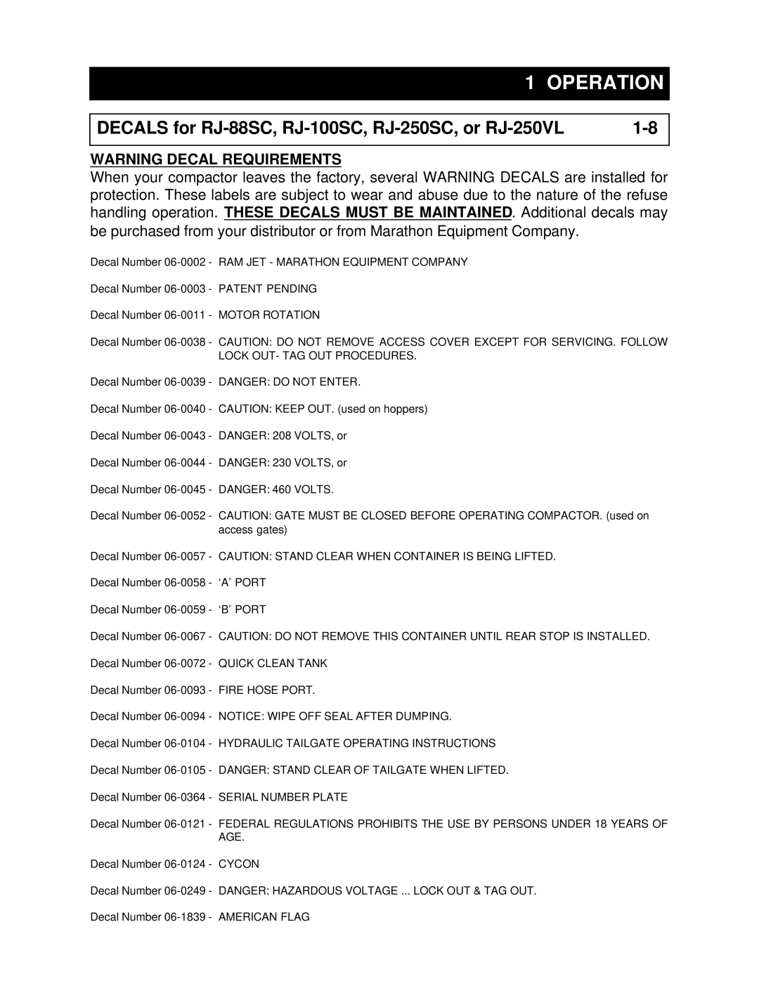 Marathon installation manual Decals for RJ-88SC, RJ-100SC, RJ-250SC, or RJ-250VL 