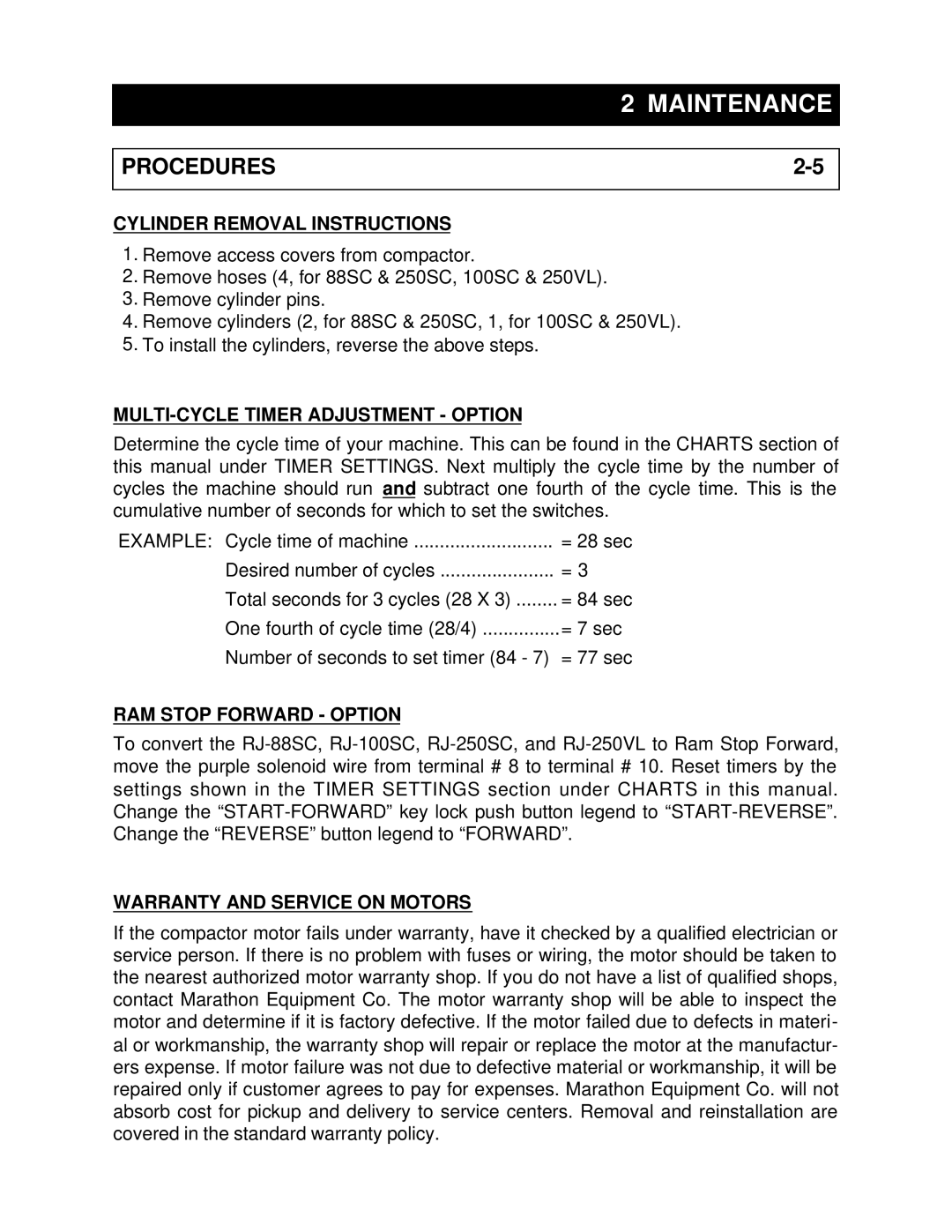 Marathon RJ-100SC, RJ-88SC Cylinder Removal Instructions, MULTI-CYCLE Timer Adjustment Option, RAM Stop Forward Option 