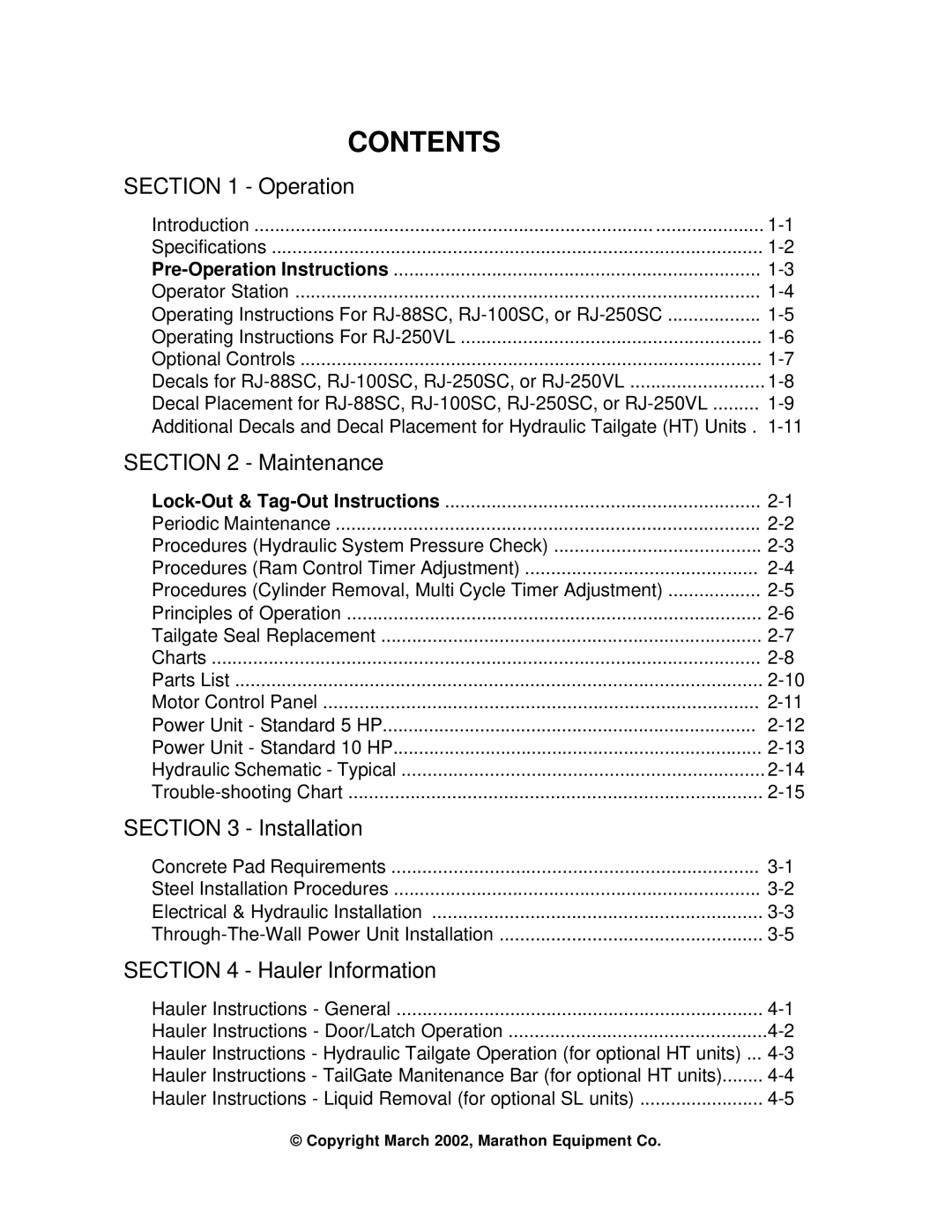 Marathon RJ-100SC, RJ-88SC, RJ-250VL, RJ-250SC installation manual Contents 