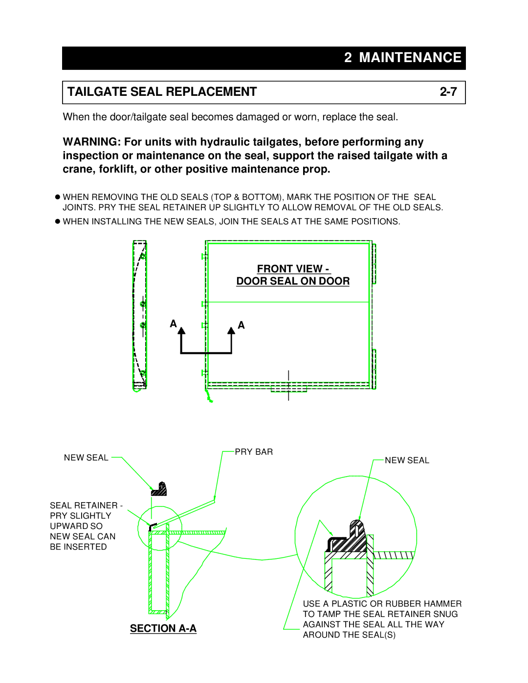 Marathon RJ-88SC, RJ-250VL, RJ-100SC, RJ-250SC Tailgate Seal Replacement, Front View, Door Seal on Door, Section A-A 