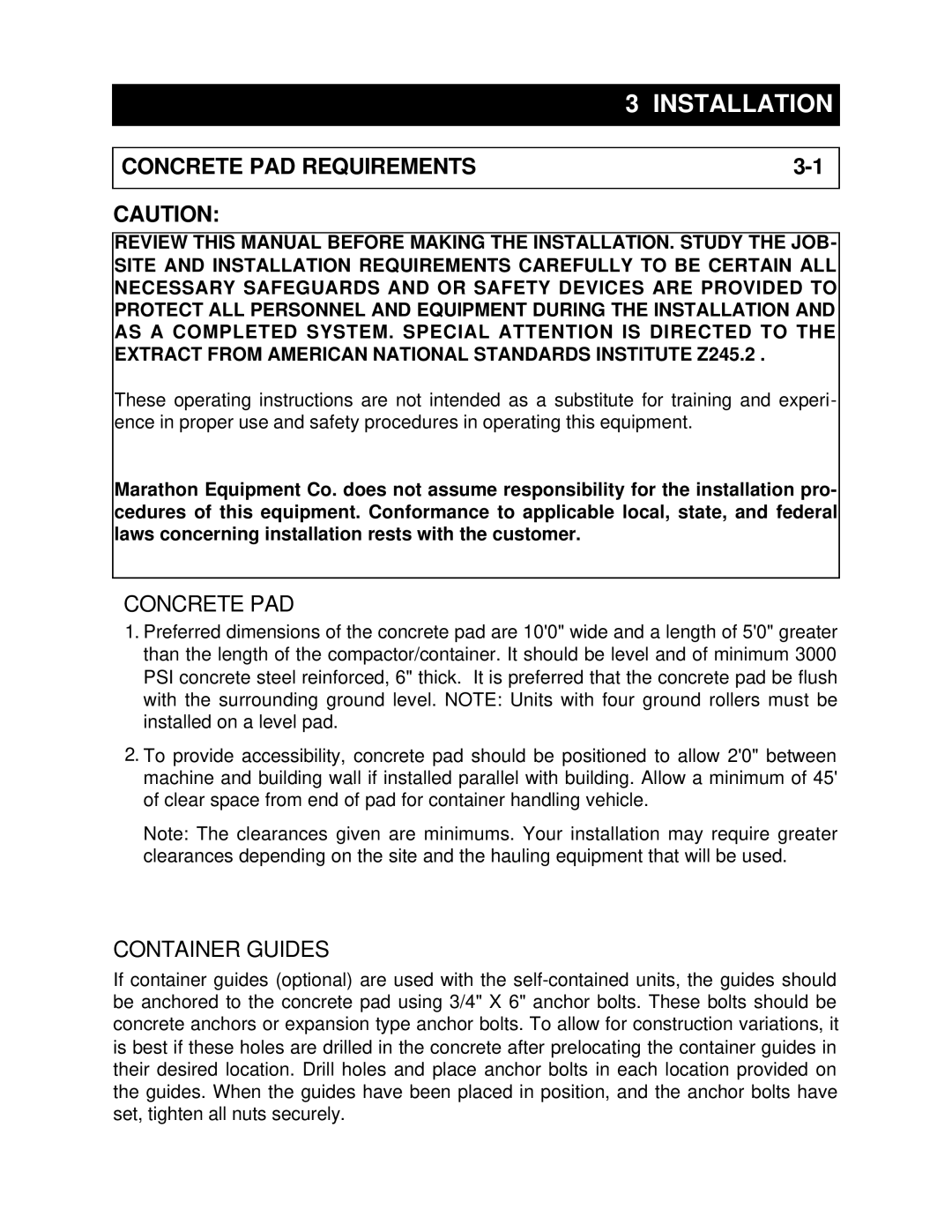 Marathon RJ-100SC, RJ-88SC, RJ-250VL, RJ-250SC installation manual Concrete PAD Requirements, Container Guides 