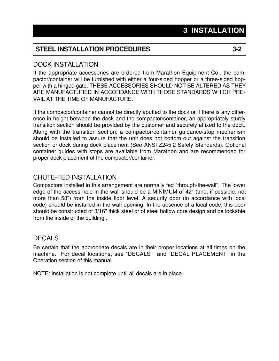 Marathon RJ-250SC, RJ-88SC, RJ-250VL Steel Installation Procedures, Dock Installation, CHUTE-FED Installation, Decals 