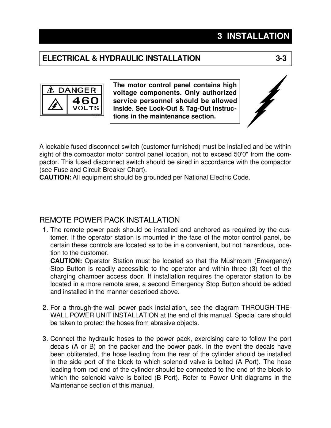 Marathon RJ-88SC, RJ-250VL, RJ-100SC, RJ-250SC Electrical & Hydraulic Installation, Remote Power Pack Installation 