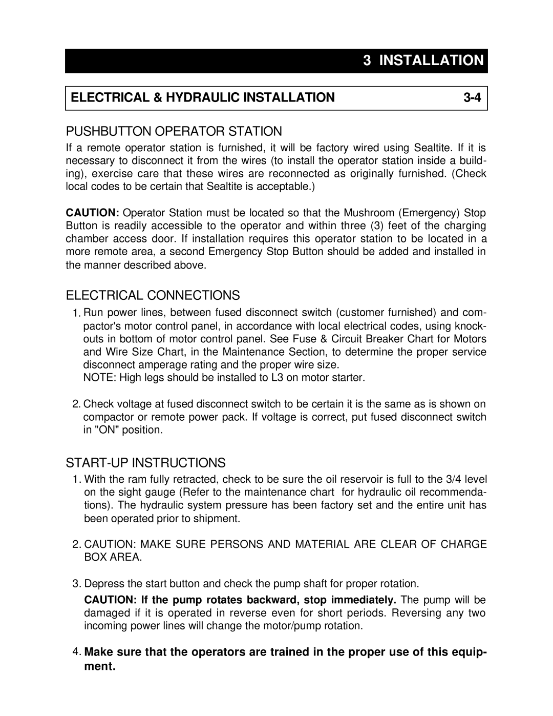 Marathon RJ-250VL, RJ-88SC, RJ-100SC, RJ-250SC Pushbutton Operator Station, Electrical Connections, START-UP Instructions 