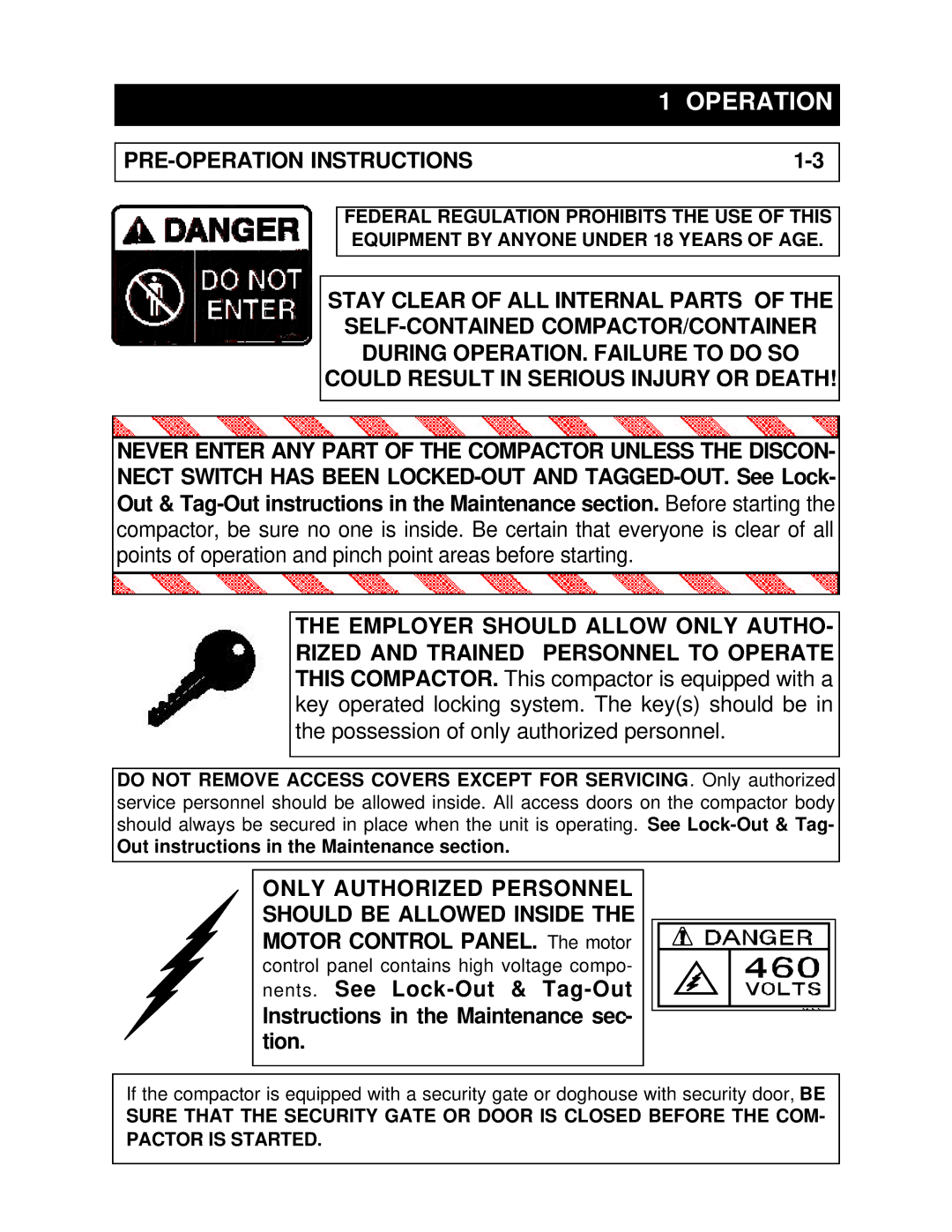 Marathon RJ-250VL, RJ-88SC, RJ-100SC PRE-OPERATION Instructions, Only Authorized Personnel Should be Allowed Inside 