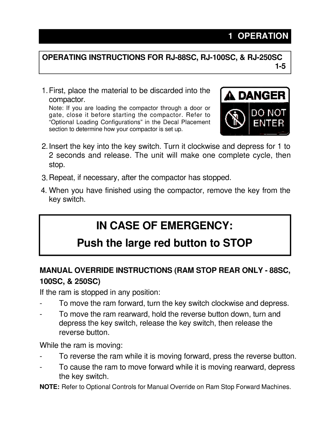 Marathon RJ-250SC, RJ-88SC, RJ-250VL, RJ-100SC installation manual Case of Emergency 