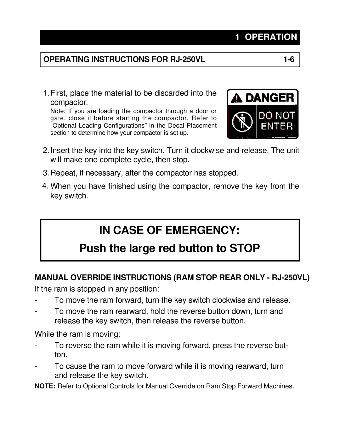 Marathon RJ-88SC, RJ-100SC Operating Instructions for RJ-250VL, Manual Override Instructions RAM Stop Rear only RJ-250VL 