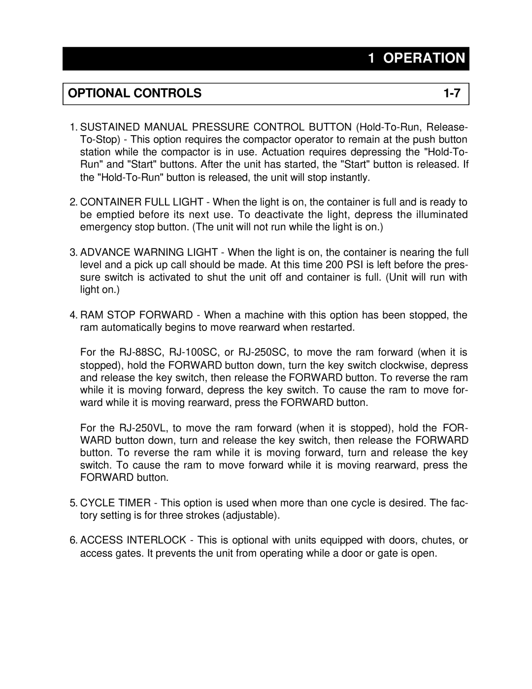 Marathon RJ-250VL, RJ-88SC, RJ-100SC, RJ-250SC installation manual Optional Controls 