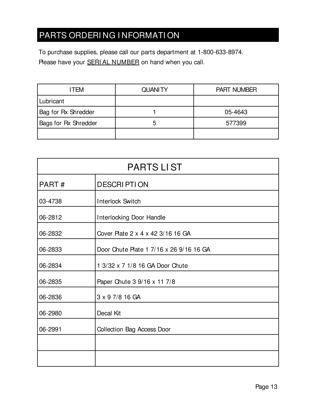 Marathon Shredder manual Parts List, Parts Ordering Information 