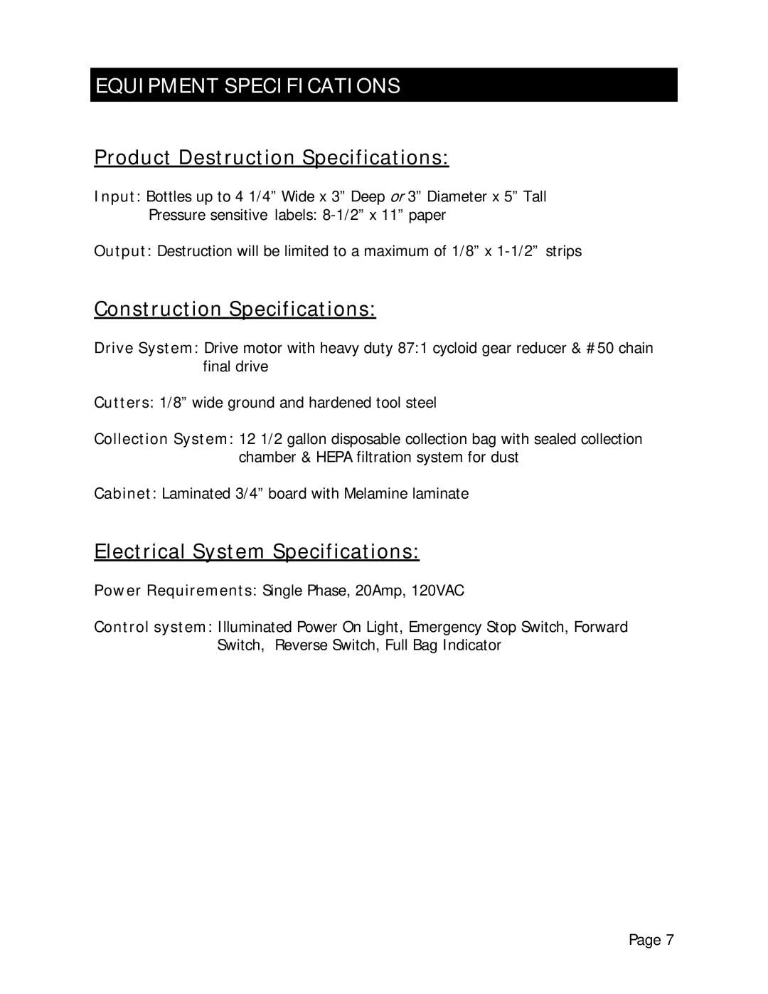 Marathon Shredder manual Equipment Specifications, Product Destruction Specifications 