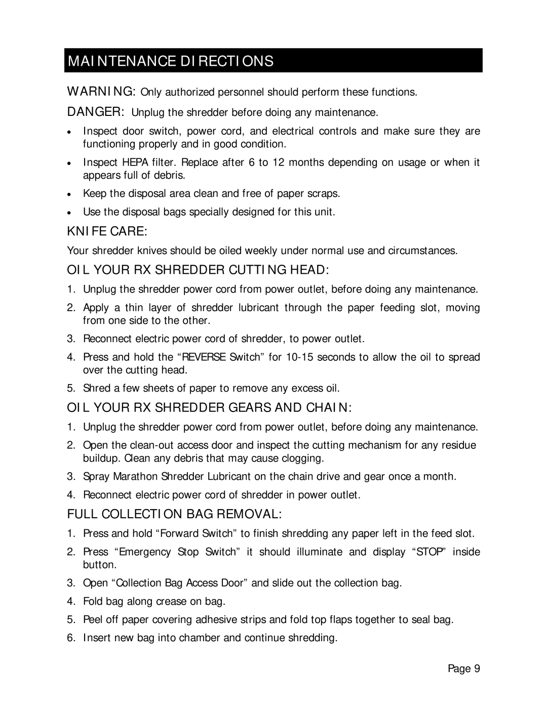 Marathon manual Maintenance Directions, OIL Your RX Shredder Cutting Head 