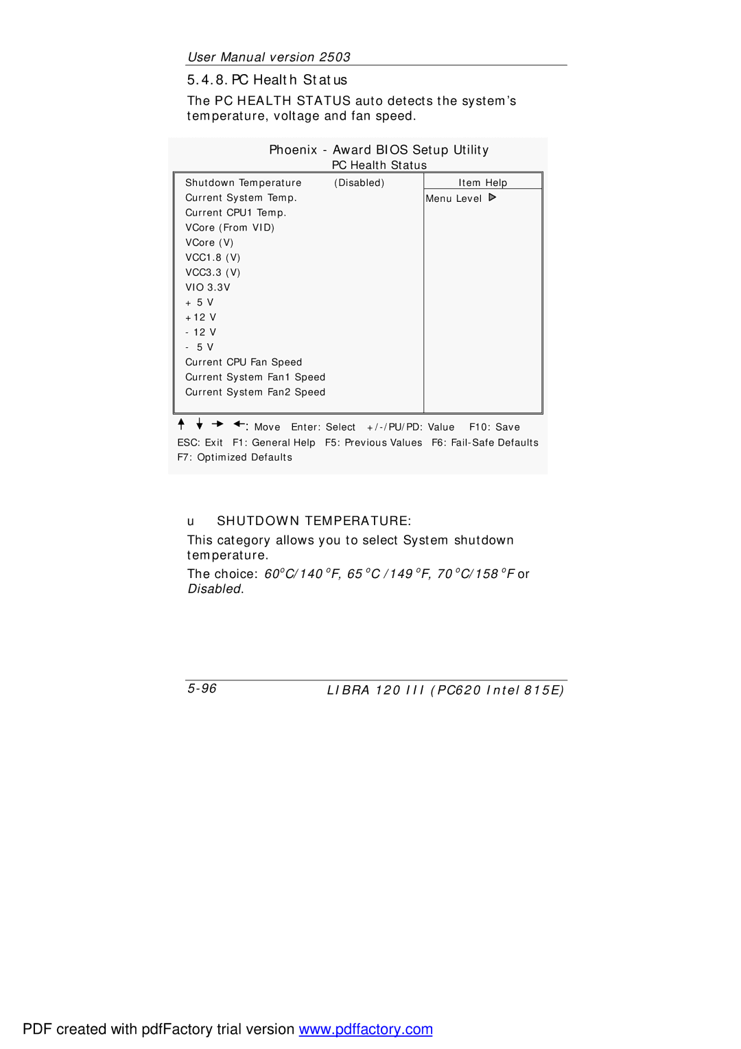 March Products 120 III (PC620) user manual PC Health Status, Shutdown Temperature 