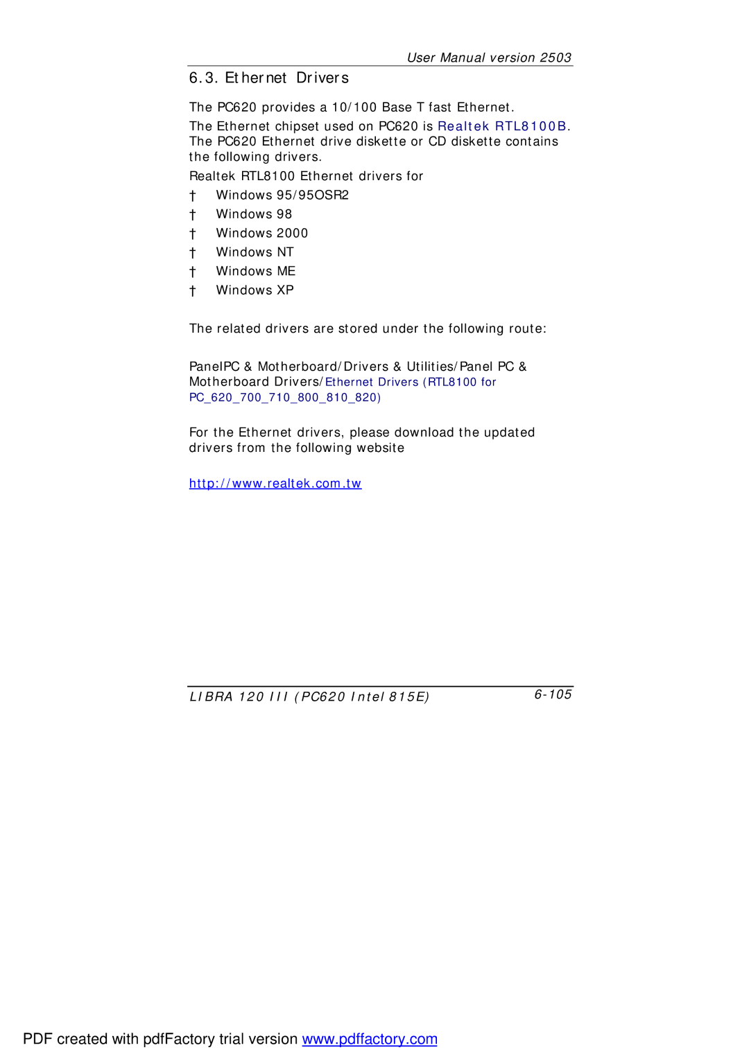 March Products 120 III (PC620) user manual Ethernet Drivers 