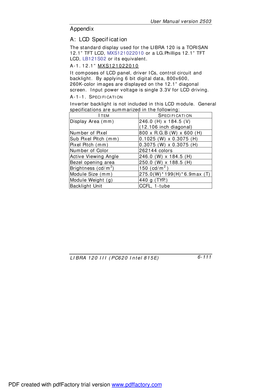 March Products 120 III (PC620) user manual Appendix LCD Specification, 1 MXS121022010 