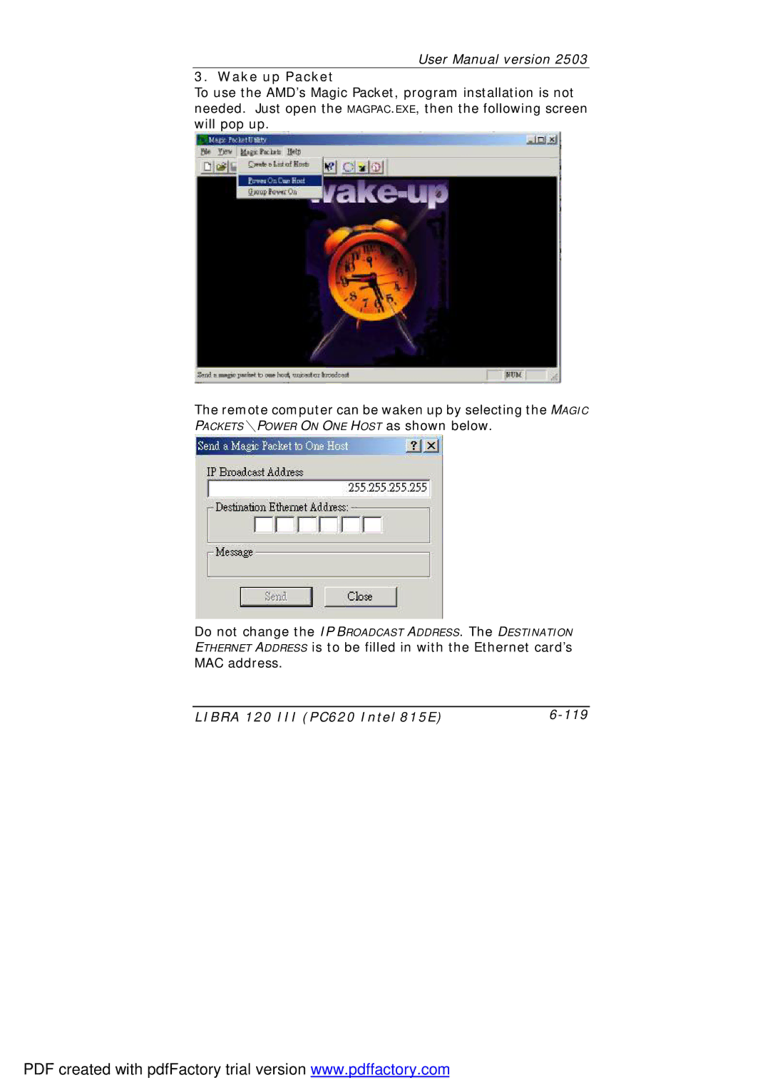 March Products 120 III (PC620) user manual Wake up Packet, Libra 120 III PC620 Intel 815E 119 