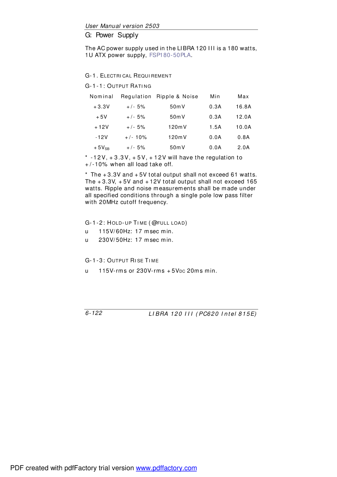 March Products 120 III (PC620) user manual Power Supply, Nominal Regulation Ripple & Noise Min Max 