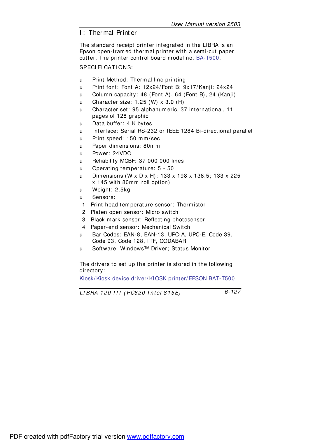 March Products 120 III (PC620) user manual Thermal Printer, Specifications 