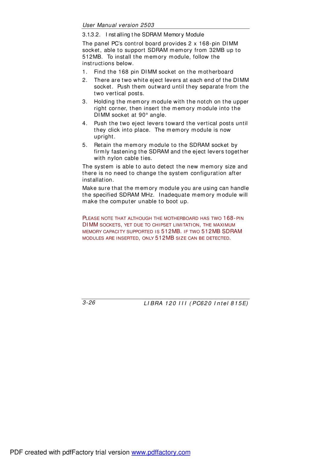 March Products 120 III (PC620) user manual Installing the Sdram Memory Module 