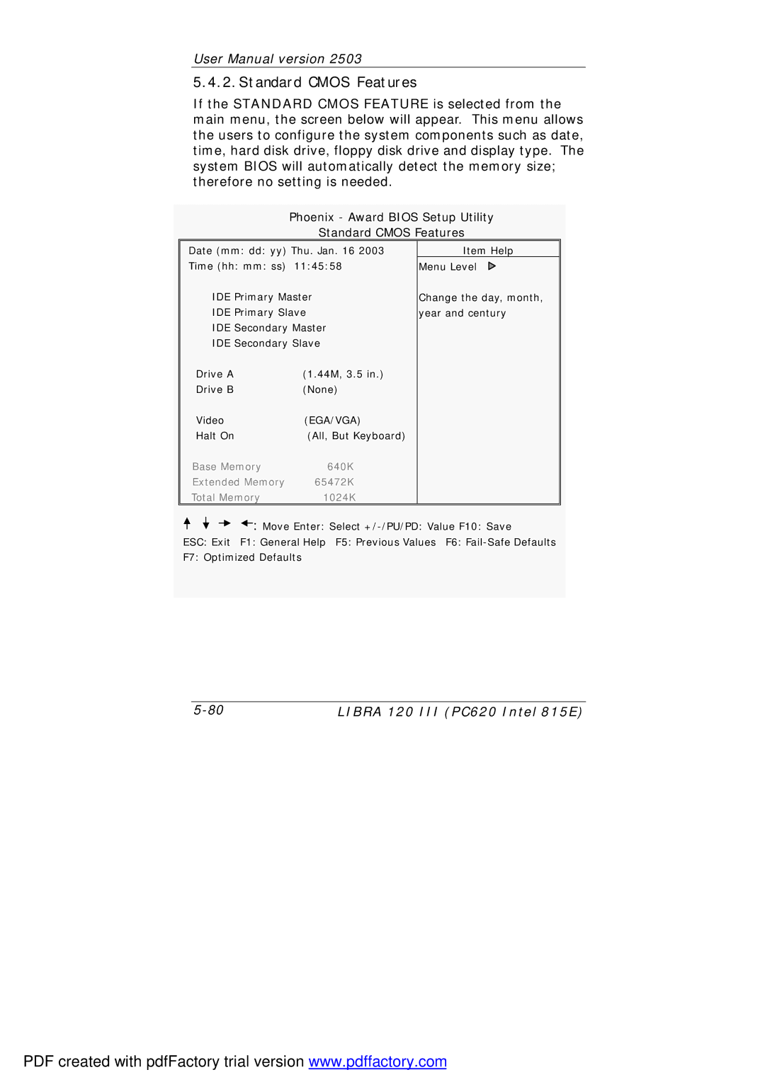 March Products 120 III (PC620) user manual Standard Cmos Features, Ega/Vga 