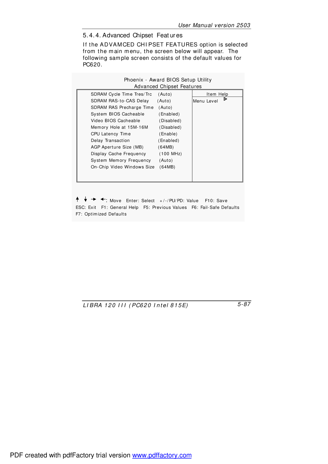 March Products 120 III (PC620) user manual Phoenix Award Bios Setup Utility Advanced Chipset Features 