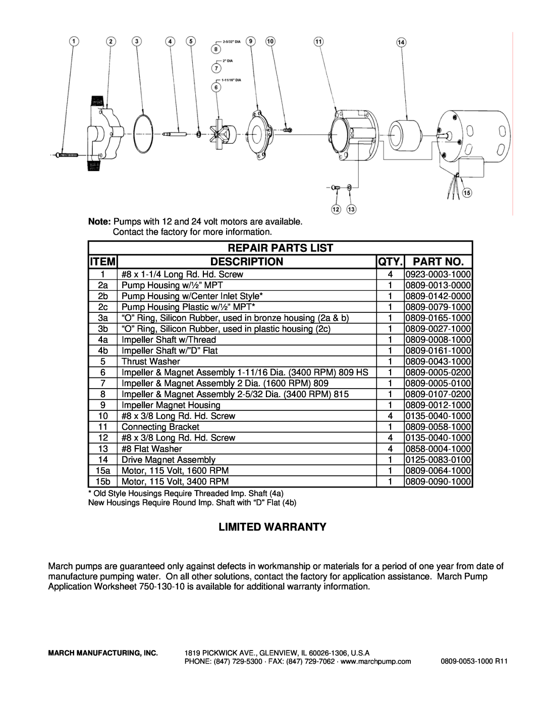 March Products Water Pump specifications Repair Parts List, Description, Limited Warranty 