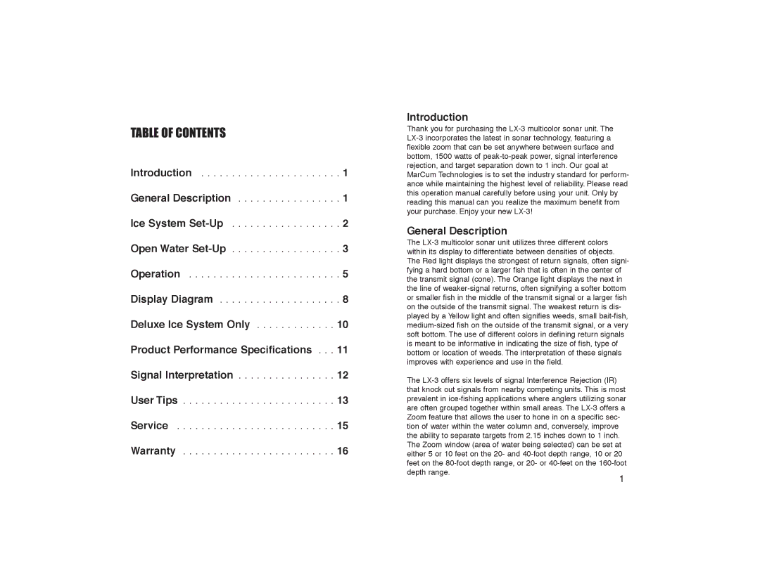 Marcum Technologies LX-3 manual Table of Contents 