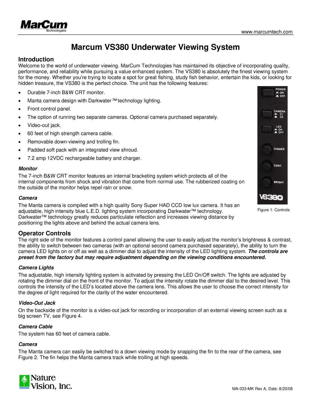 Marcum Technologies VS380 manual Introduction, Operator Controls 