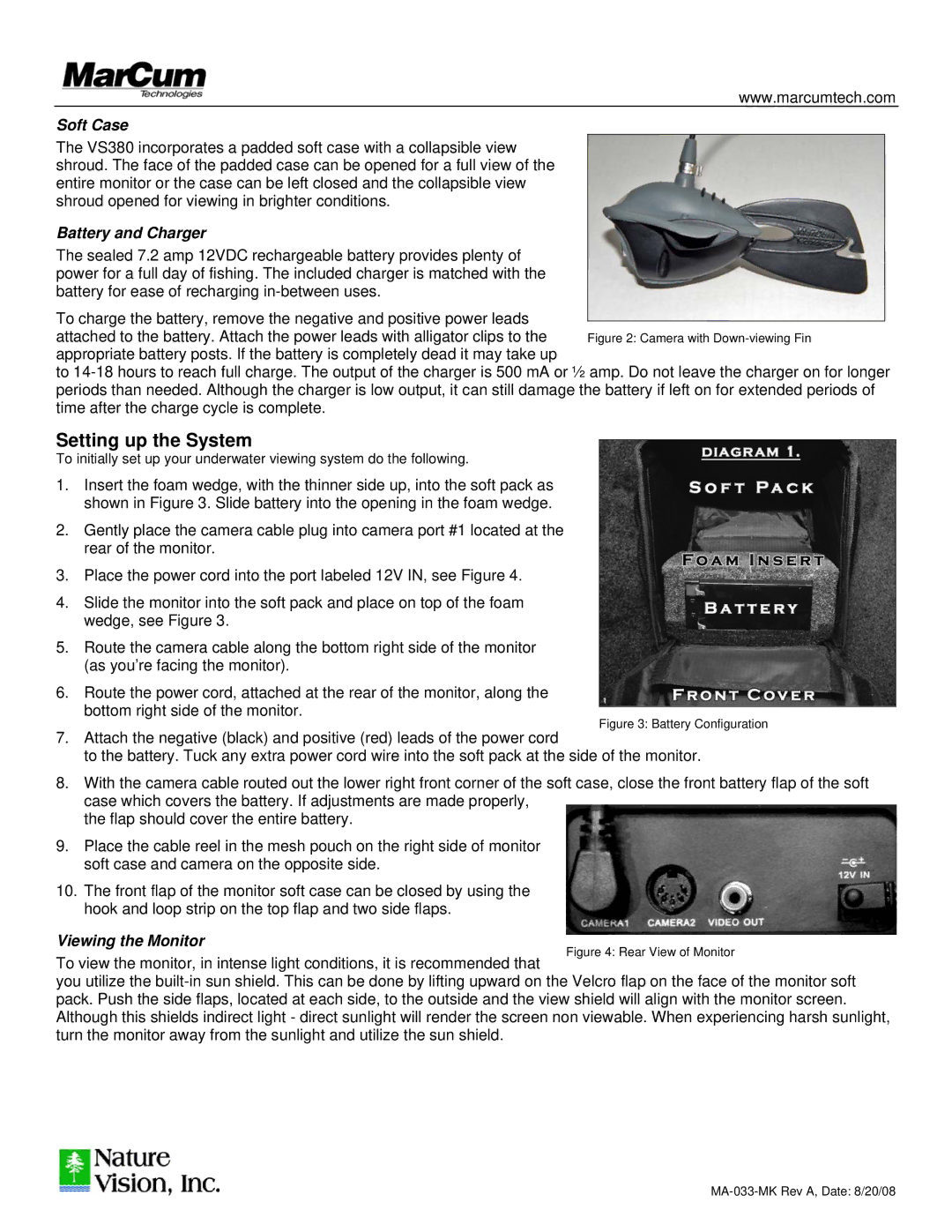 Marcum Technologies VS380 manual Setting up the System, Soft Case, Battery and Charger, Viewing the Monitor 