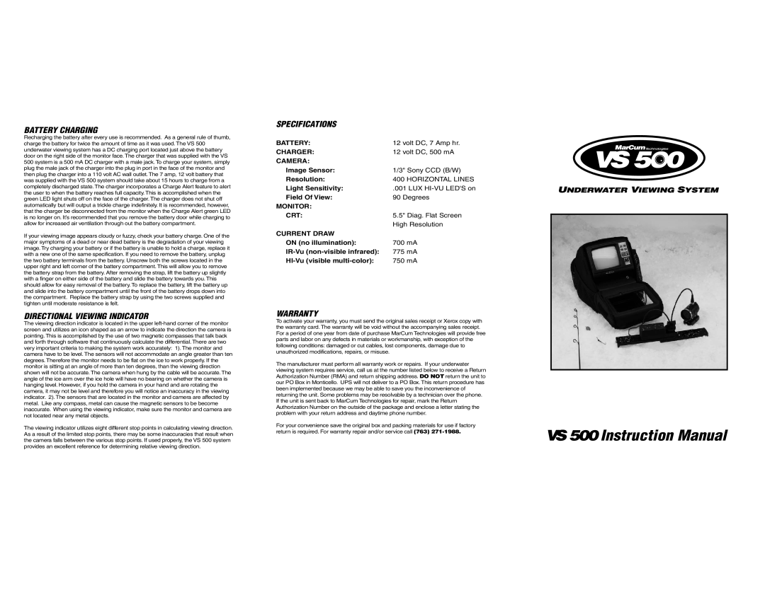 Marcum Technologies VS500 manual Battery Charging, Directional Viewing Indicator, Specifications, Warranty 