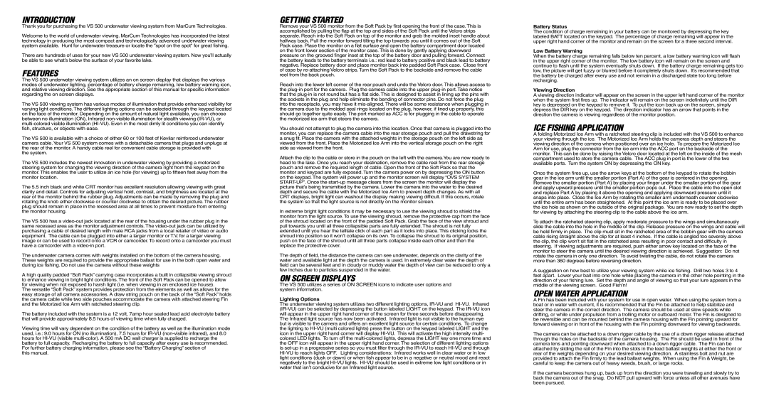 Marcum Technologies VS500 manual Introduction, Features, Getting Started, On Screen Displays, ICE Fishing Application 