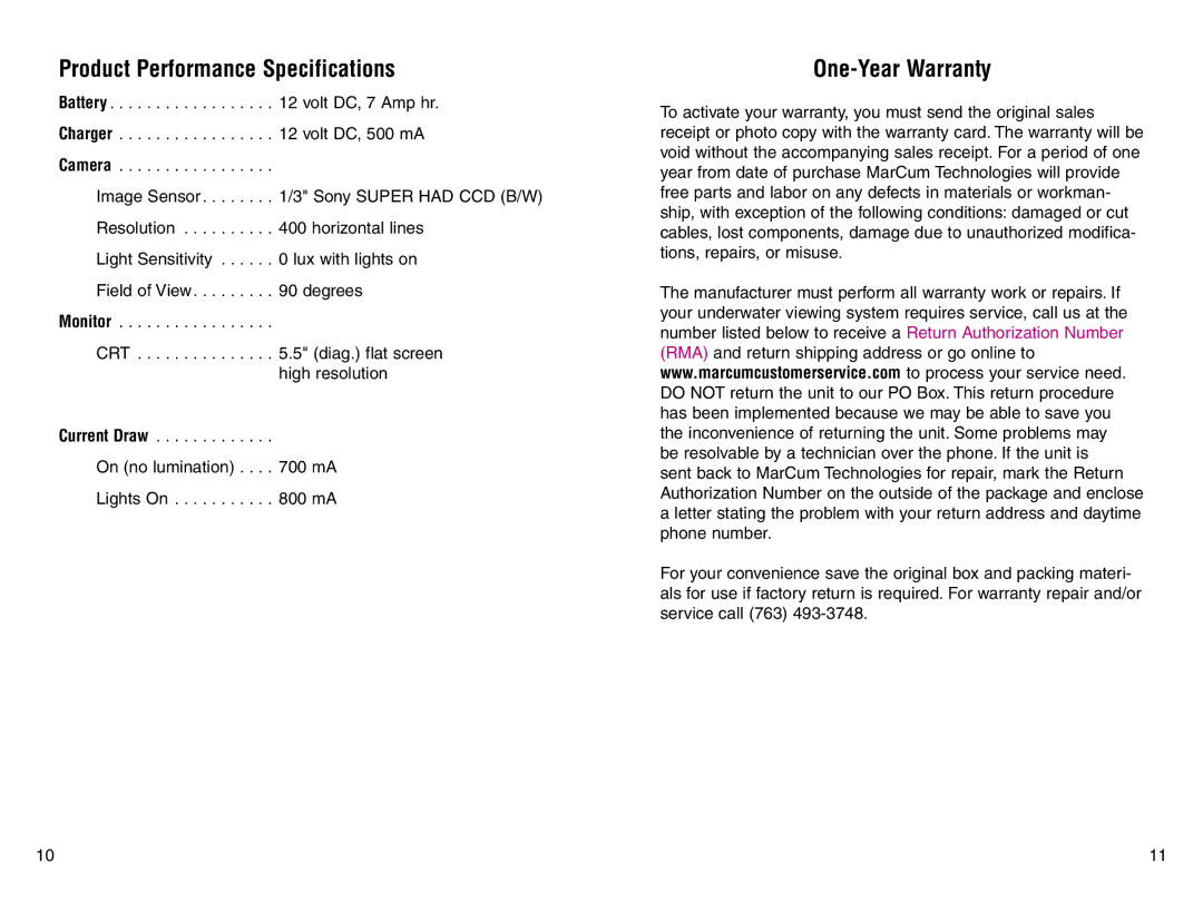 Marcum Technologies VS560 manual Product Performance Specifications 