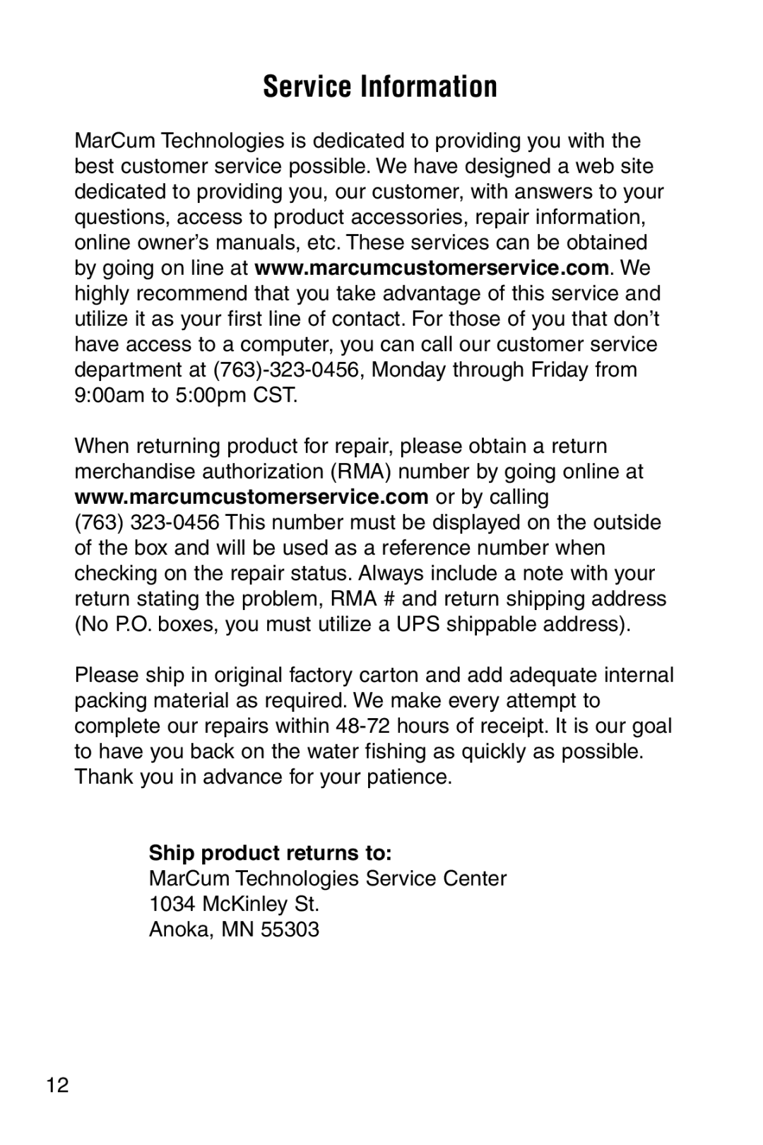 Marcum Technologies VS820 manual Service Information 